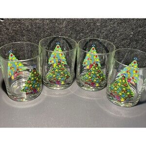 VTG 4 Action 1980s Christmas Tree Holiday Barware‎ 14oz. Old Fashioned Glasses